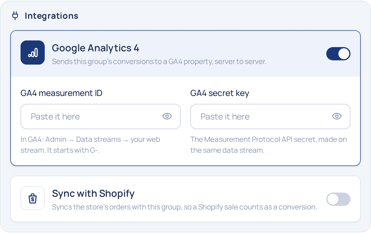 The Integrations section of the pixel group window with Google Analytics 4 switched on, showing empty GA4 measurement ID and GA4 secret key fields